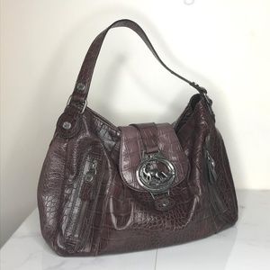 Emma Fox Brown Embossed Leather Flap Hobo Bag Logo